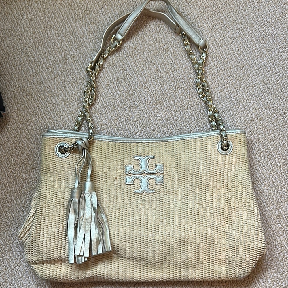 Tory Burch Tan and Gold Tote with Chain Straps